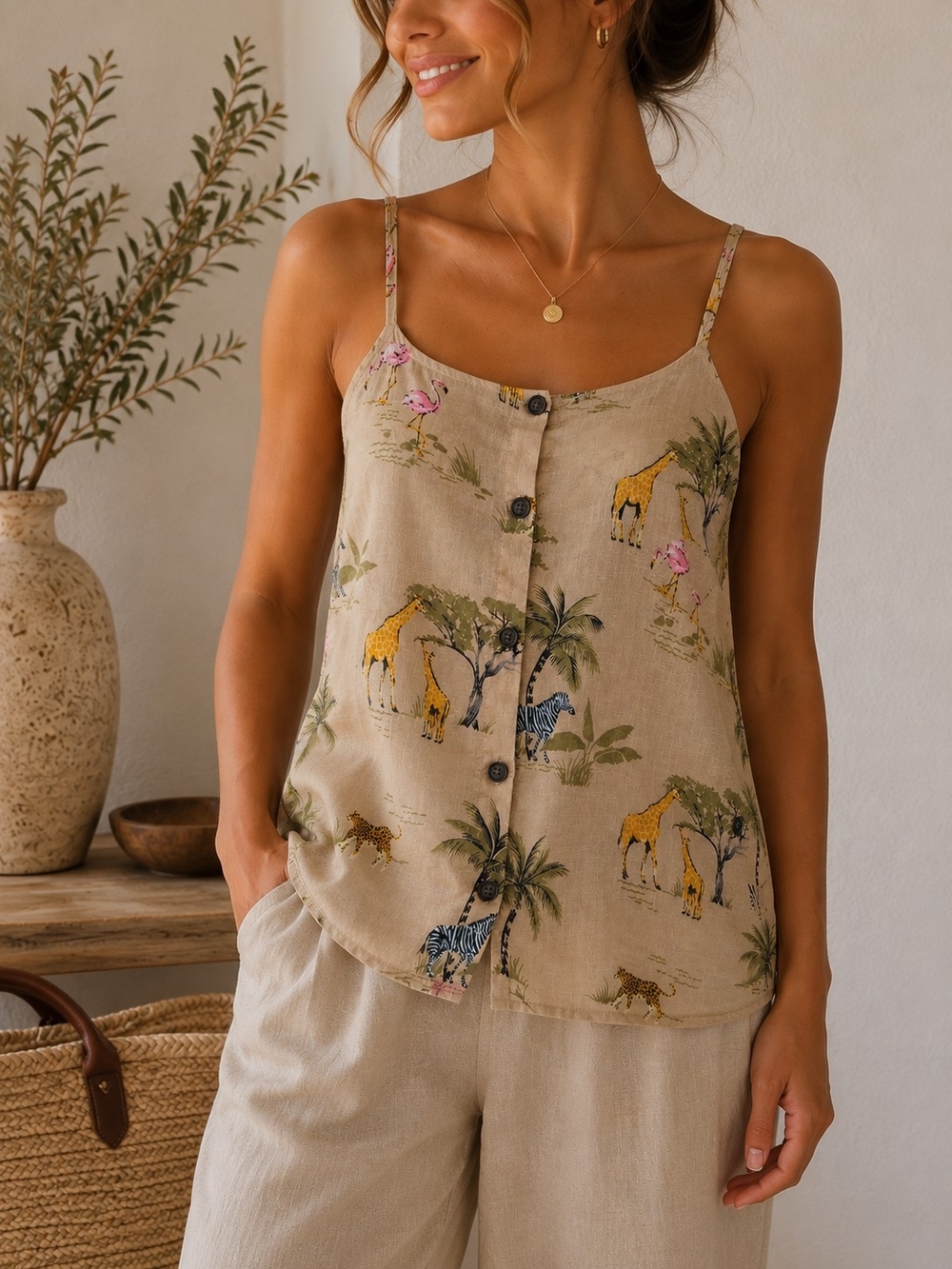 Linen Blend Safari Print Cami Tank Top Size M Old Navy